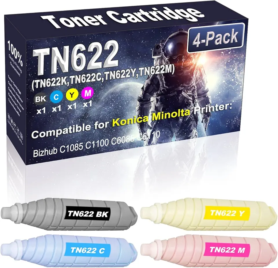 4-Pack (BK/C/Y/M) Compatible High Capacity Bizhub C1085 C1100 C6085 C6110 Printer Toner Container Replacement for Konica Minolta TN-622 TN622 (TN622K TN622C TN622Y TN622M) Printer Cartridge