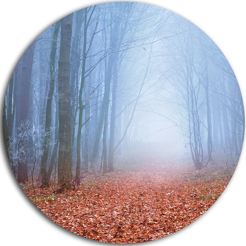 Designart Red Fallen Leaves in Foggy Forest-Landscape Photo Large Metal Wall Art-Disc of 23, 23'' H x 23'' W x 1'' D 1P