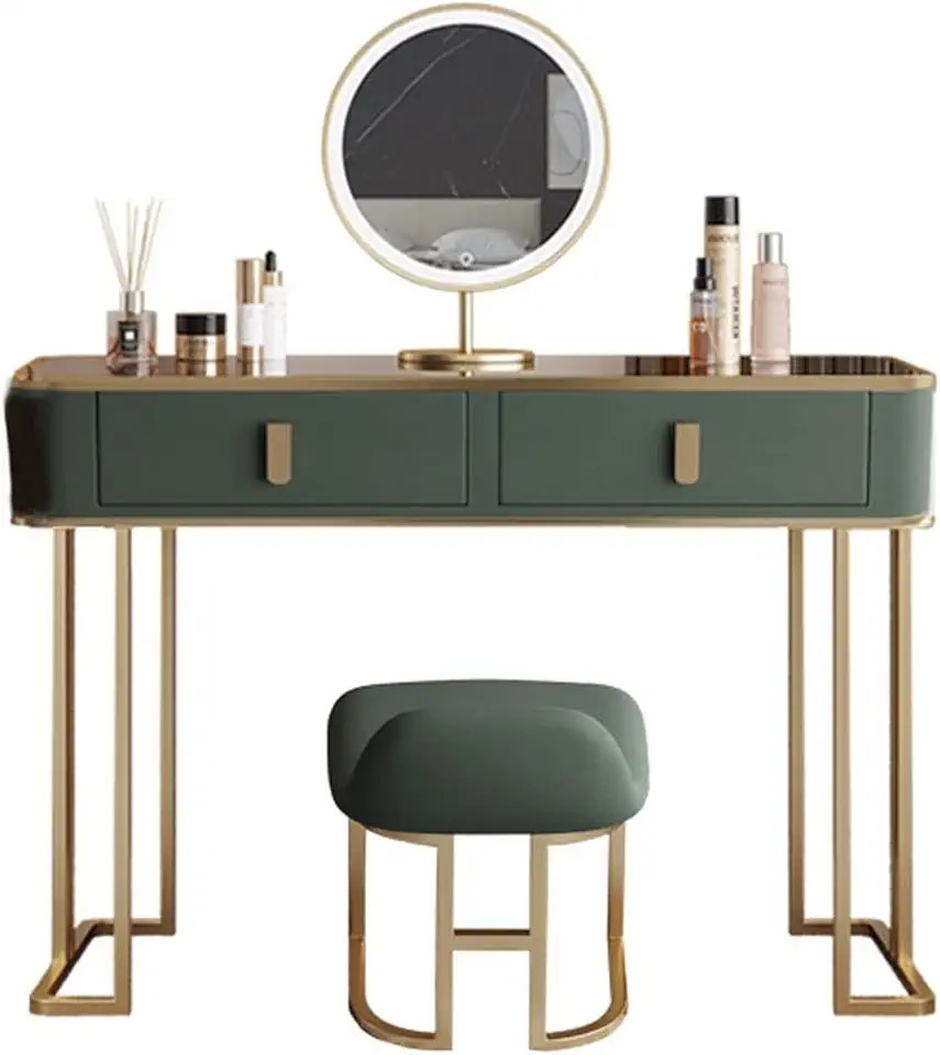 Dressing table,Dressing Table, Vanity Table, Home Set with Stool and Mirror, Dresser, Storage Cabinet, Bedside Table, Bedroom, Modern Minimalist Wooden Dressing Table, LED Mirror, Green Ligh