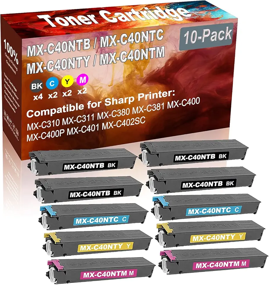 10-Pack (4BK+2C+2Y+2M) Compatible MX-C310 MX-C311 Laser Toner Cartridge (High Capacity) Replacement for Sharp MX-C40NTB MX-C40NTC MX-C40NTY MX-C40NTM Printer Toner Cartridge