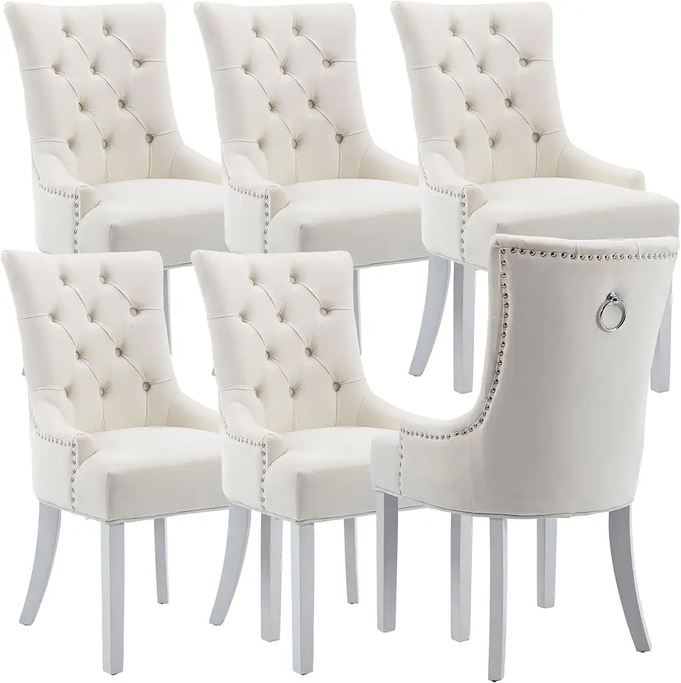 Mid Century Modern Dining Room Chairs Set of 6 Velvet Accent Chairs Upholstered Parsons Chair Side Host Chair for Kitchen/Living Room/Bedroom, Cream w/White Legs