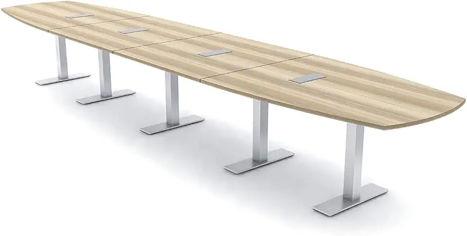 SKUTCHI DESIGNS INC. 20' Large Arc Boat Modular Conference Table with Data and Power | 20 Person Boardroom Table |Metal T Bases | Harmony Series | Blonde Surfside Ash