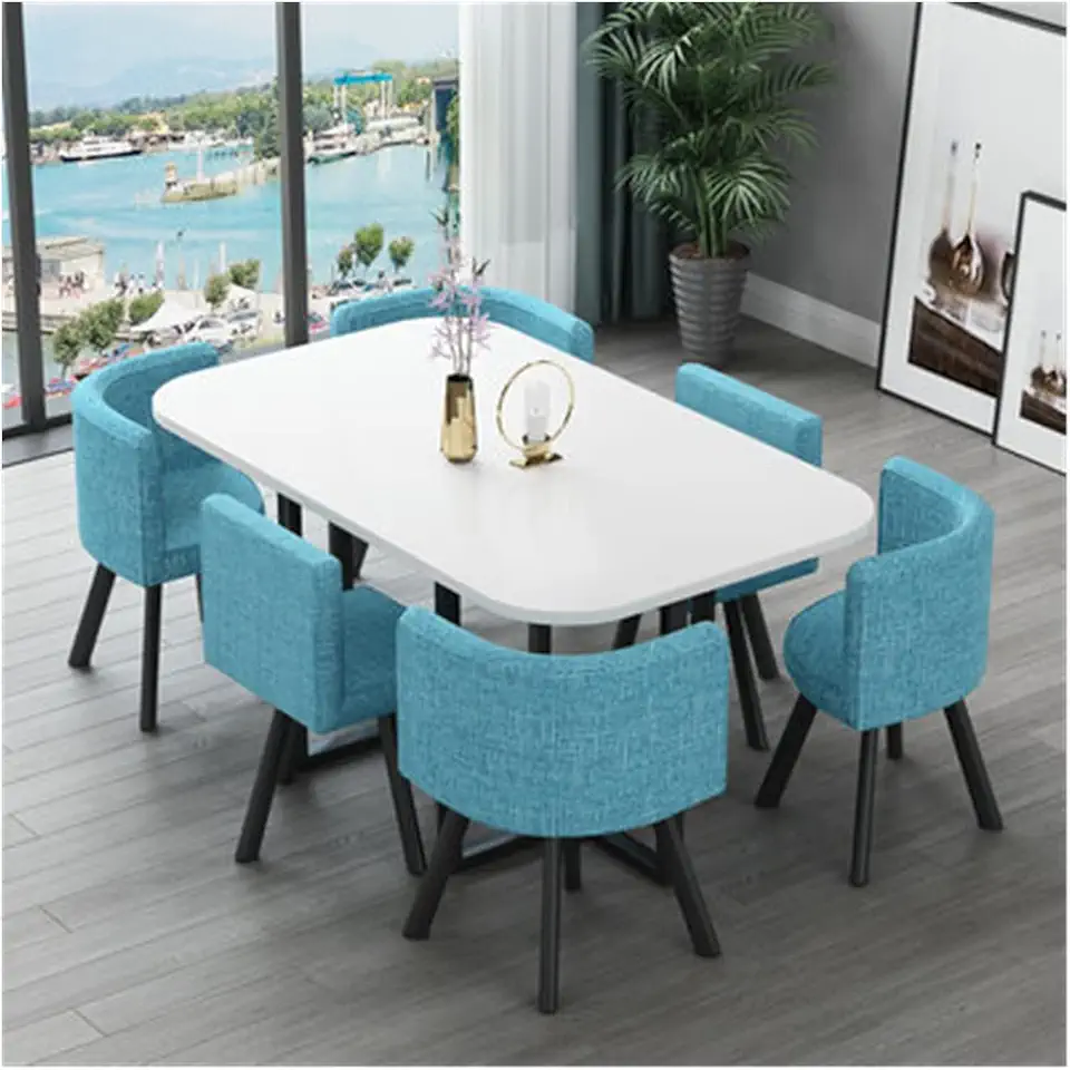 Business Reception Conference Room Table with Chair, Office Table and Chair Set Club 1 Table 6 Chairs Combination Lounge Library Meeting Room (5 Ft) (Color : Light Blue Cloth)