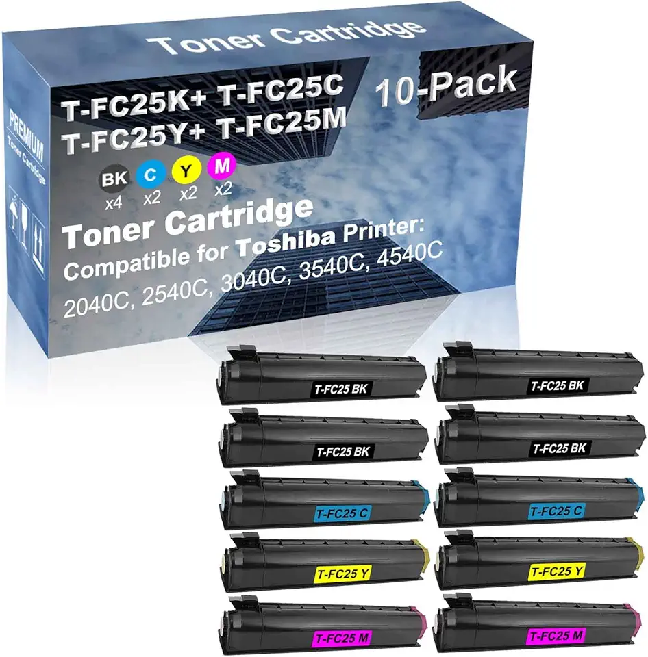 10-Pack (4BK+2C+2Y+2M) Compatible High Capacity T-FC25 (T-FC25K+ T-FC25C+ T-FC25Y+ T-FC25M) Toner Cartridge Used for Toshiba e-Studio 2040C, 2540C, 3040C, 3540C, 4540C Printer