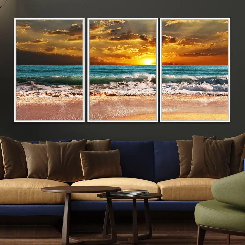 Golden Sunset Beach Canvas Wall Art – Triptych Seascape Print – Framed and Ready to Hang for Living Room or Office 3 Panel Floating Frame/White / 90