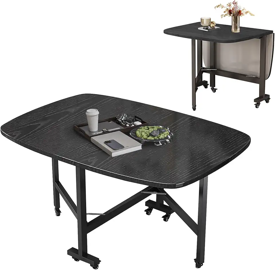 Drop Leaf Dining Table With 6 Wheels, Folding Dining Table With Wheels, Steel Support Frame, Multifunction Expandable Folding Table For Small Spaces Kitchen, Bedroom, Living Room(Black,100x60x75cm)