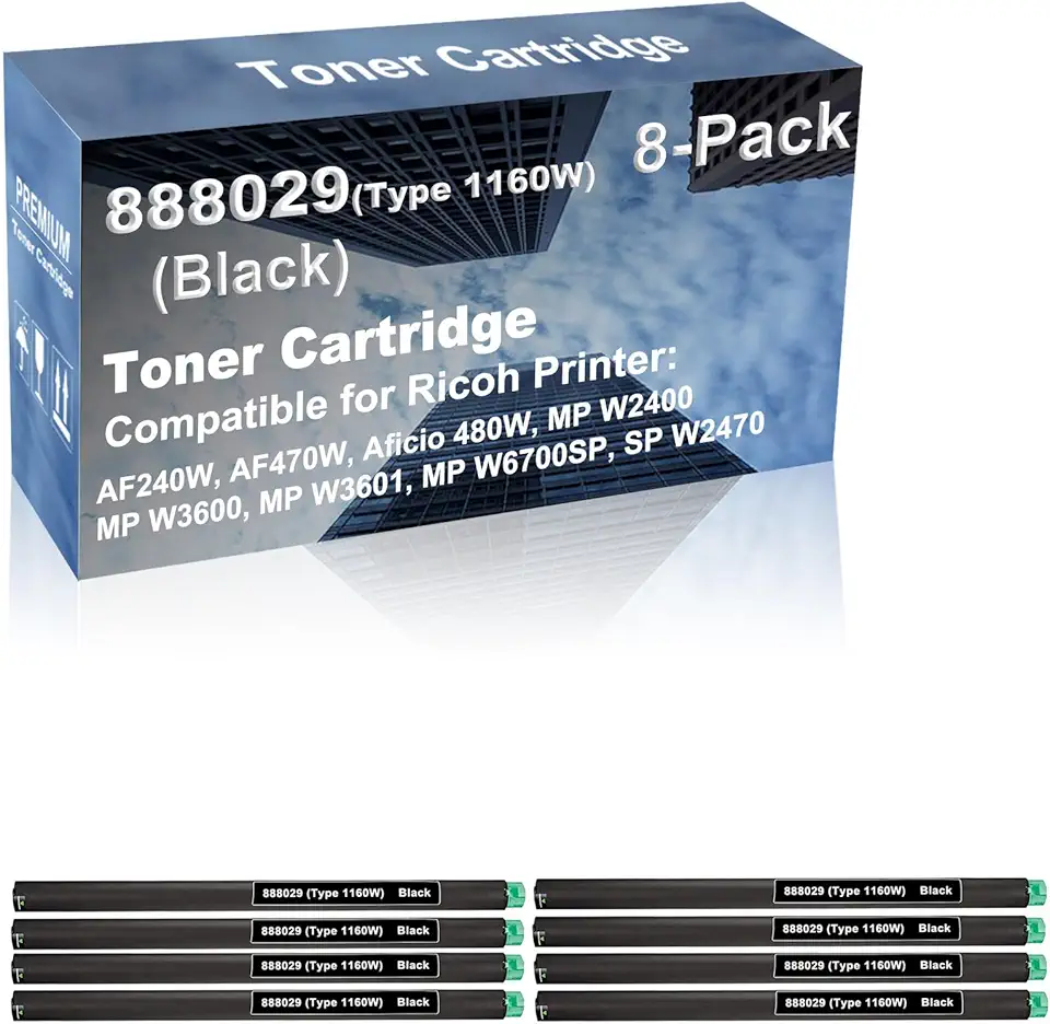 8-Pack Compatible High Capacity 888029 (Type 1160W) Imaging Toner Cartridge use for Ricoh AF240W, AF470W, Aficio 480W, MP W2400, MP W3600, MP W3601, MP W6700SP, SP W2470 Printer (Black)