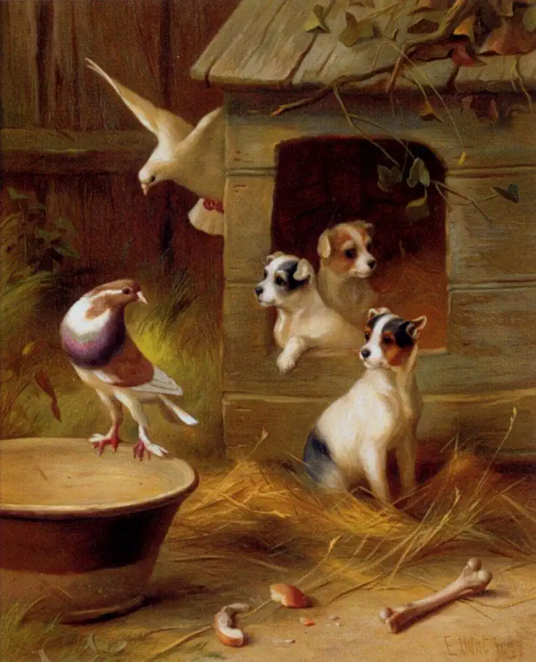 Toperfect 2 Paintings Pigeons And Puppies dog birds barn Edgar Hunt Oil Art on Canvas - Famous Artworks -Size04, $50-$2000 Hand Painted by Art Academies' Teachers