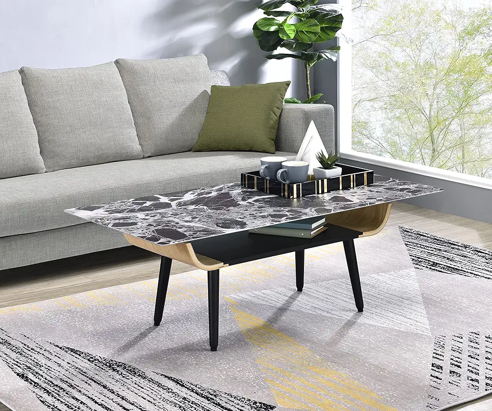 Black Coffee Table with 2-Tier, Marble Finish Glass Tabletop/Brown Wood Storage Spaces, Black Legs, Modern Center Table for Living Room, Office, 47