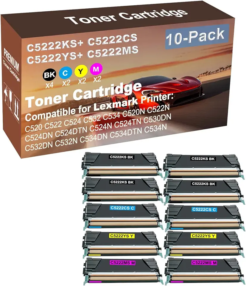 10-Pack (4BK+2C+2Y+2M) Compatible C522N, C524DN, C524DTN, C524N, C524TN Printer Toner Cartridge High Capacity Replacement for C5222KS+ C5222CS+ C5222YS+ C5222MS Toner Cartridge