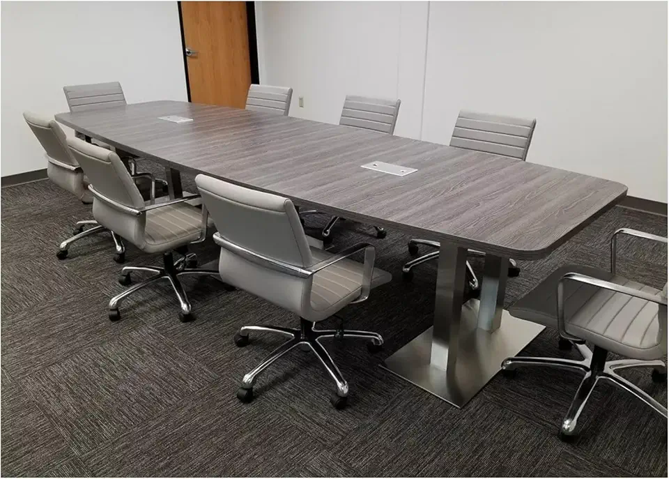 Thaweesuk Shop New Modern 10 ft Gray Finishes Executive Boat Shaped Wood Conference Table Dual Post Metal Legs Grommets Racetrack Boardroom Room Meeting Desk Business Furniture 118