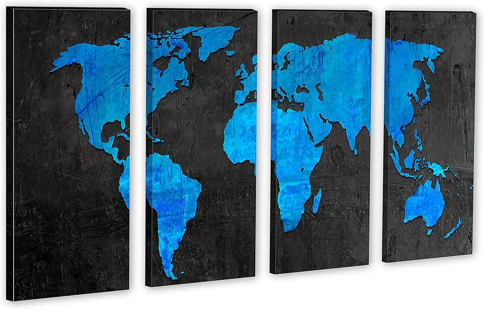 80 x 50 TOTAL - Dodger Blue & Black World Map Canvas Print - 4 Panel split, Wall Art