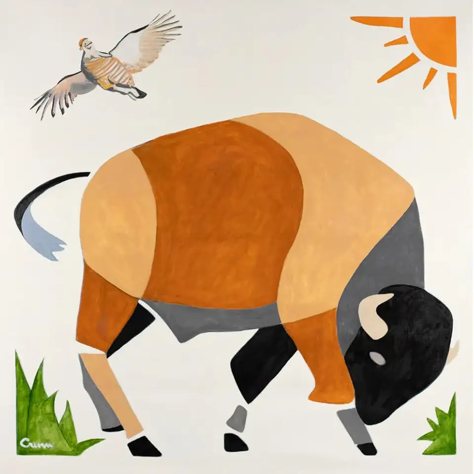 TERRYCRUMSTUDIO, Buffalo & Flying Prairie Chicken, Left, By Artist, Terry Crum. (Framed In Gold Floater Frame, 36x36, Buffalo & Flying Prairie Chicken, Left)