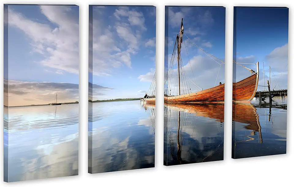 80 x 50 TOTAL - Boat On a Calm Lake - Canvas Print - 4 Panel Split, Wall Art