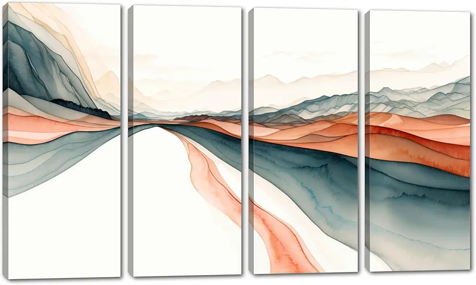 80 x 50 TOTAL - Abstract Mountain Landscape Canvas Wall Art Watercolor Valley Print, office art - 4 Panel Split