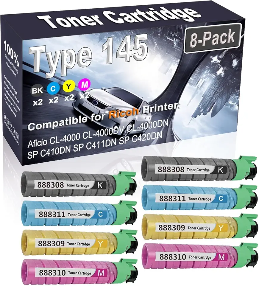 8-Pack (2BK+2C+2Y+2M) Compatible High Yield Type 145 | 888308 888311 888309 888310 Printer Toner Cartridge use for Ricoh Aficio CL-4000 CL-4000DV CL-4000DN Printers