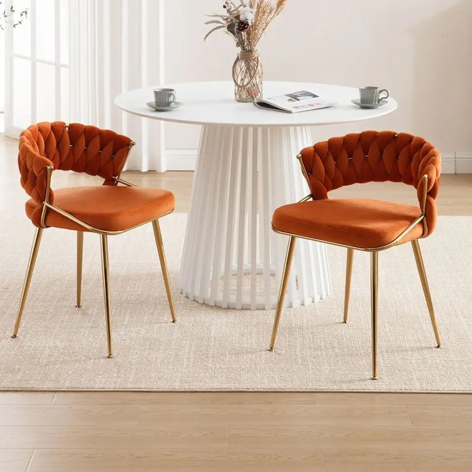 Sponsored Ad - LukeAlon Modern Velvet Dining Chairs Set of 2, Upholstered Kitchen Chairs with Golden Metal Legs, Weaved Open Back, Armless, Orange