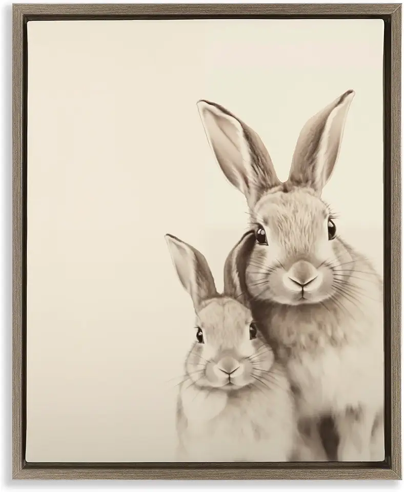 Stupell Industries Two Bunnies Sketch Portrait Brown Framed Floater Canvas Wall Art Design by Arlington Prints, 17 x 21