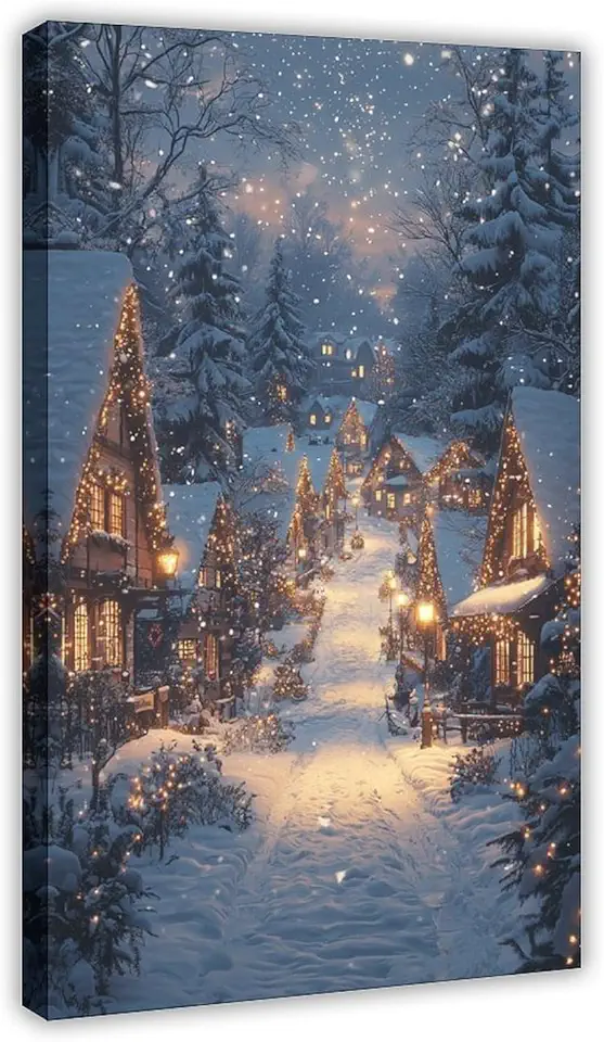 Magical Christmas Street Wall Art – Snow-Covered Townhouses, Festive Lights, Starry Night Sky – Enchanting Holiday Decor Canvas Poster Bedroom Decor Sports Landscape Office Room Decor Gift Frame 20x30