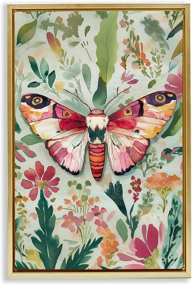 Stupell Industries Butterfly over Abstract Flowers Gold Framed Floater Canvas Wall Art, design by The Dutch Lady, 17 x 25