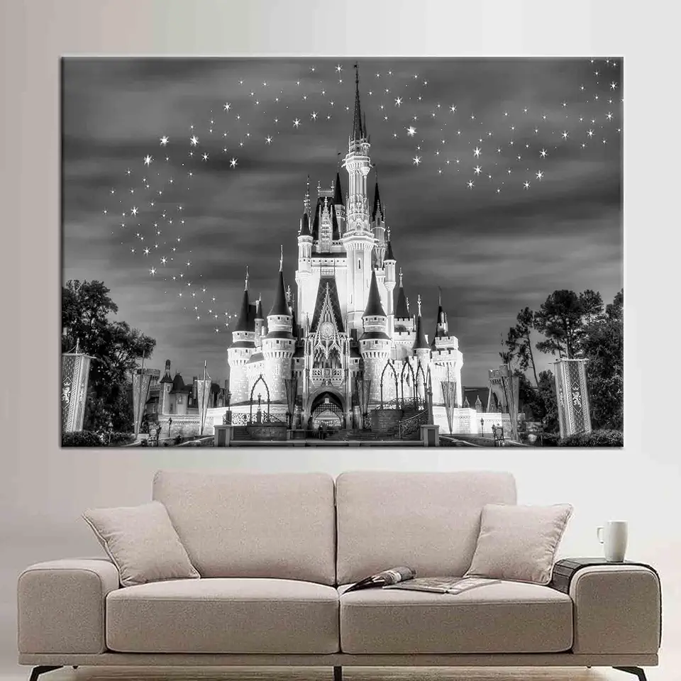 Starry Night Cinderella Castle Inspired Wall Decor Canvas Poster Perfect for Kids' Room and Girl's Bedroom Decor Highlighting a Beautiful Night Landscape Scene - 1PC - 100x235