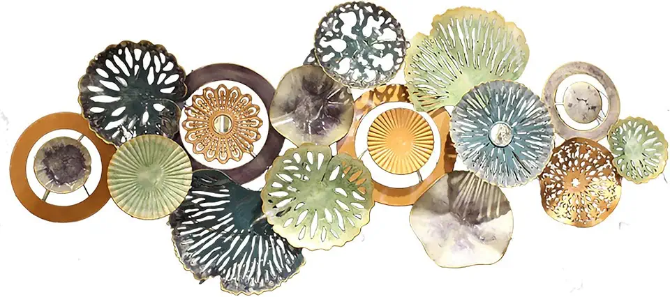 Creative Metal Art Sculpture Decoration, Openwork Carved Discs and Leaves Handmade Wrought Iron Wall Decoration Pendant, Metal Wall Art Decor for Living Room Bedroom Office