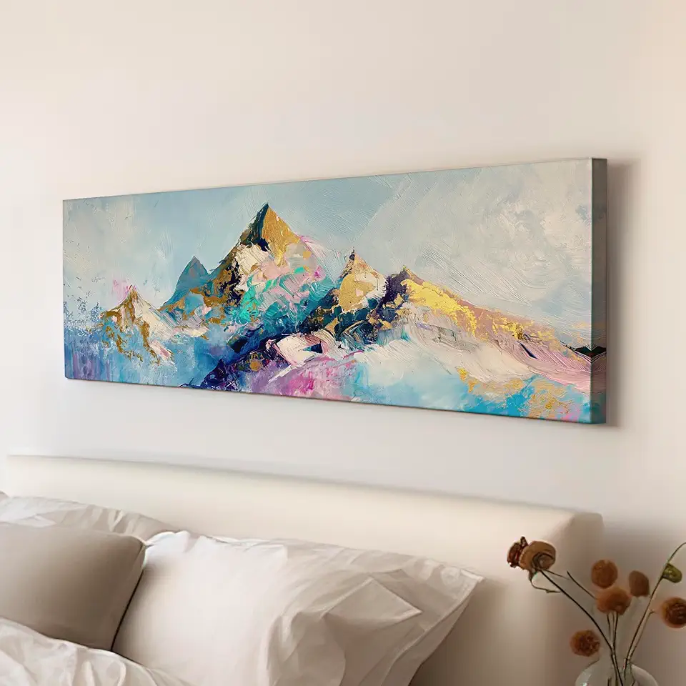 My Sweet Hideout Imagined Mountains Above Bed Wall Art Fun Colors, Panoramic Minimal Canvas Print, Snowy Scene Long Horizontal Canvas Art 30x90