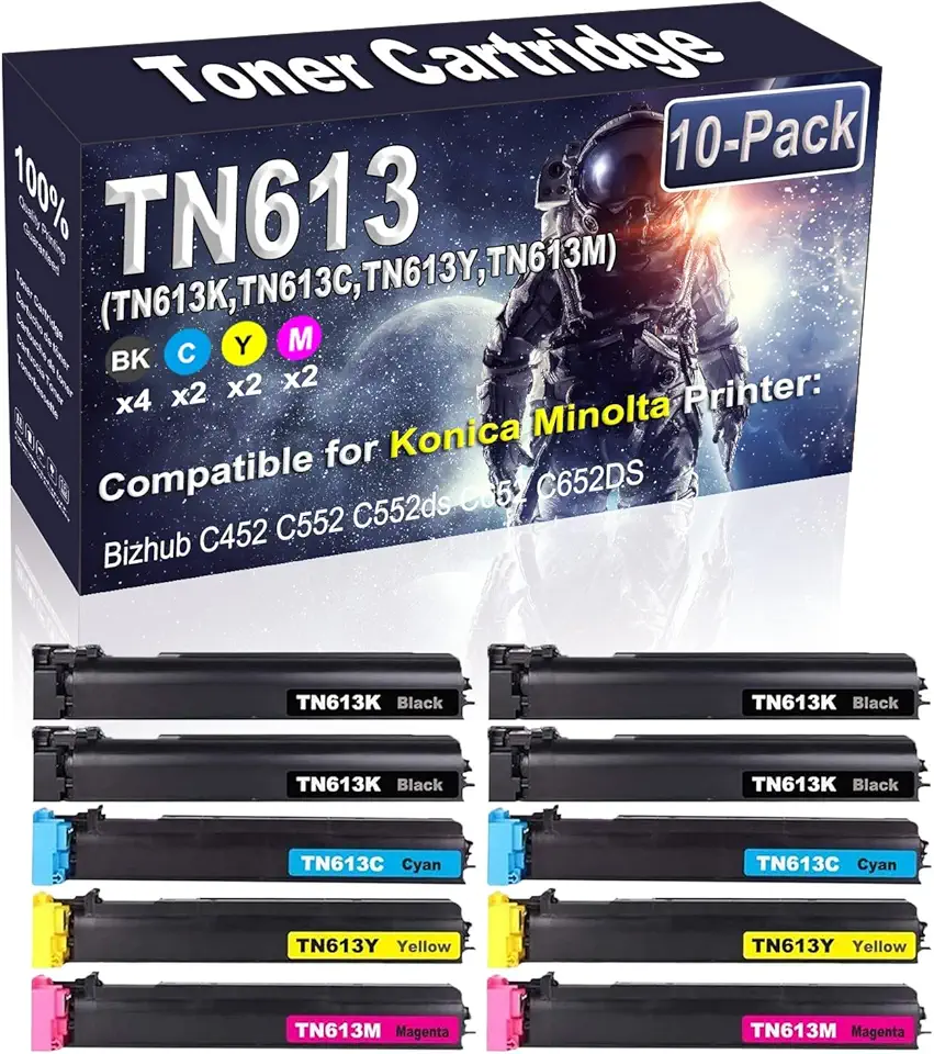 10-Pack (4BK/2C/2Y/2M) Compatible High Yield TN-613 TN613 (TN-613K TN-613C TN-613Y TN-613M) Imaging Toner Cartridge Use for Konica Minolta Bizhub C452 C552 C552ds C652 C652DS Printer