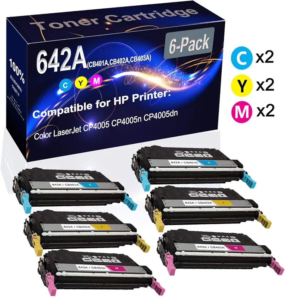 6-Pack (2C+2Y+2M) Compatible CP4005 CP4005n CP4005dn Laser Toner Cartridge (High Capacity) Replacement for HP 642A (CB401A CB402A CB403A) Printer Toner Cartridge