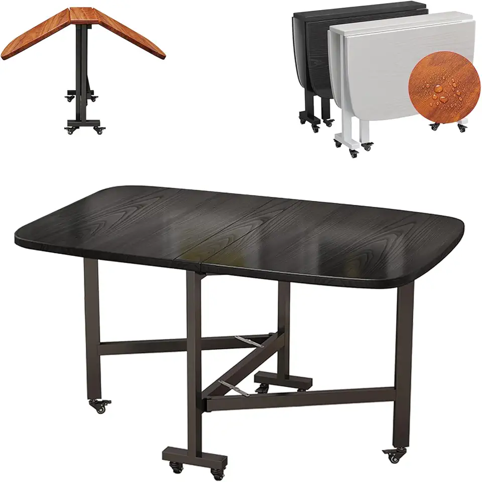 Expandable Dining Table For 4-6 People, Drop Leaf Dining Table For Small Spaces, Movable Kitchen Table With 6 Wheels Extendable Dining Room Table With Heavy Duty Metal Trestle Base(Black,100x60x75cm)