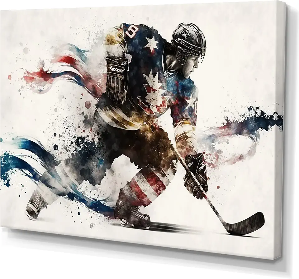 American Hockey Player Skating IV- Wall Art For Living Room, Wall Art Bedroom, Dining Room Wall Decor, Wall Art- Made Of Wood & Cotton Material