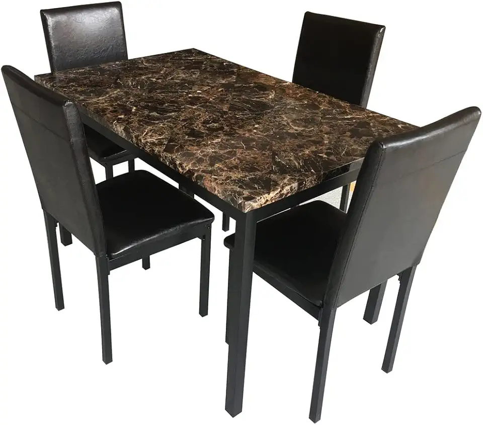 Furniture 5 Piece Metal Dining Set Includes 1 Faux Marble Top Dining Table + 4 Black Dining Chair Seats (D As Shown)