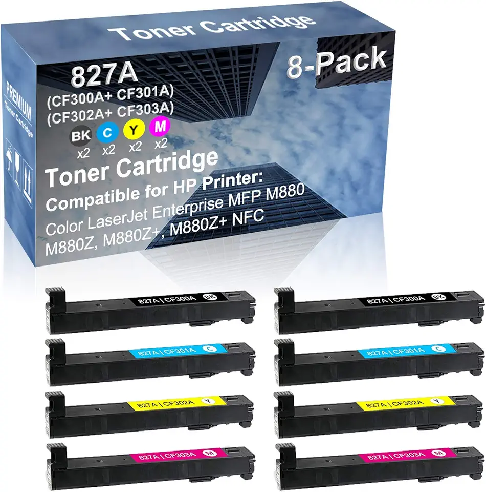 8-Pack (2BK+2C+2Y+2M) Compatible High Capacity 827A (CF300A+ CF301A+ CF302A+ CF303A) Toner Cartridge use for HP MFP M880, M880Z, M880Z+, M880Z+ NFC Printer