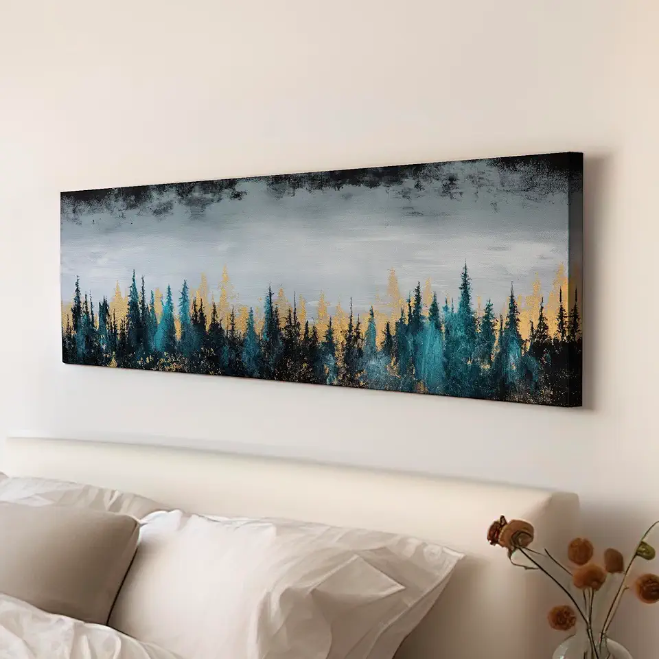 My Sweet Hideout Pine Forest Landscape Above Bed Wall Art Minimal, Panoramic Abstract Canvas Print, Gold Colors Long Horizontal Canvas Art 30x90