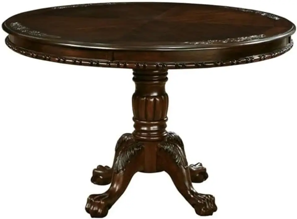 Benjara Mina Dining Table, 48 Inch Round Cherry Brown Top w Pedestal Base, Solid Wood and Wood Veneer