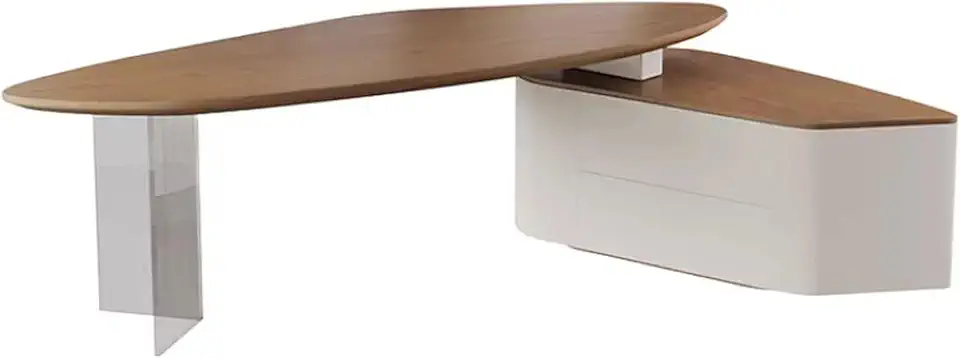 Creative Irregular Design Modern Office Desk, V-Shaped Acrylic Leg Design Professional, Solid Wood Material L-Shaped Office Desk