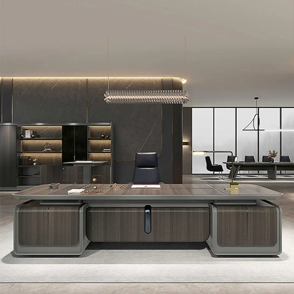 Wood Brown L Shaped Computer Desk Executive Office Desk with Lateral Cabinet Writing Study Table Business Furniture Set for CEO Boss