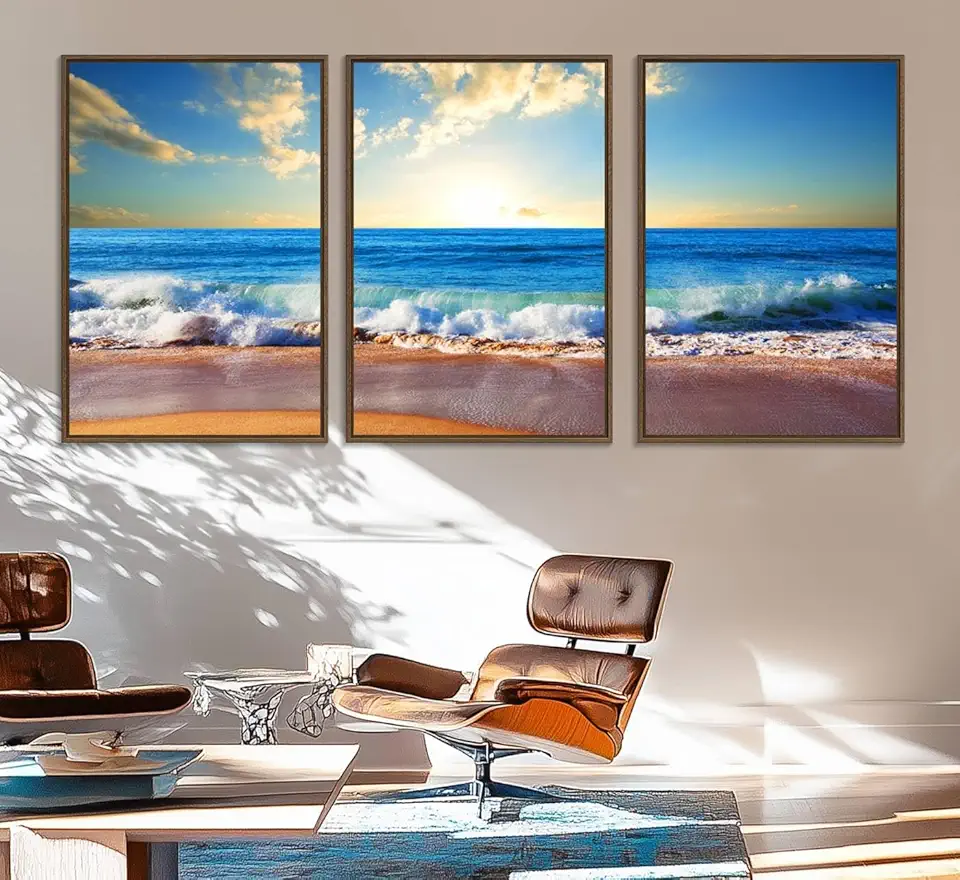 Tropical Beach Sunset Canvas Art, Ocean Waves and Sandy Shoreline Wall Art, Large Beach Decor 3 Panel Floating Frame/Walnut / 90