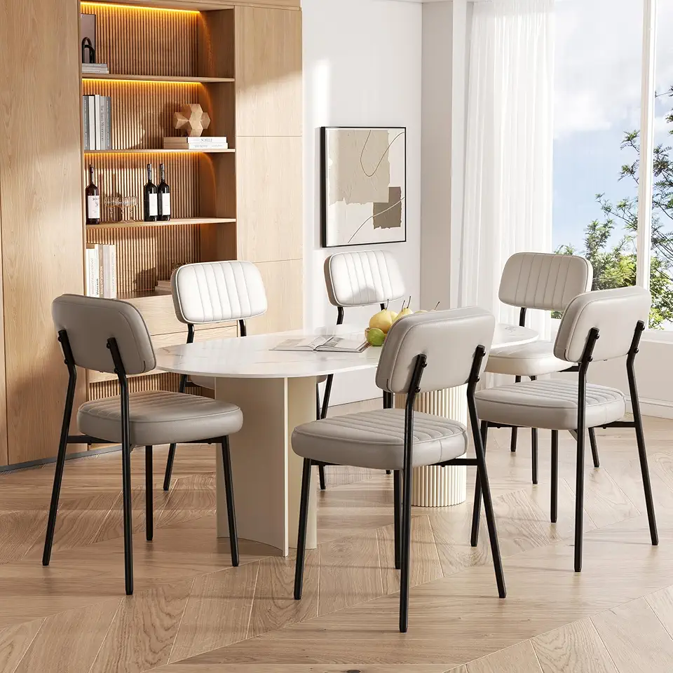 Dining Chairs Set of 6, Modern Faux Leather Dining Chairs with Thick Cushions Seat Back and Metal Legs, Comfy Upholstered Kitchen Chairs for Dining Living Room (Khaki)