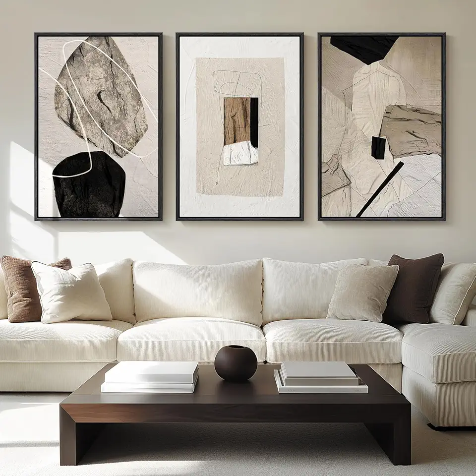 Sponsored Ad - Large Framed Neutral Abstract Wall Art for Living Room, 3 Piece Modern Canvas Prints Paintings Artwork for Walls, Black and Beige Pictures for Living Room Hallway Stair Office Wall Decor 24x36 Inch