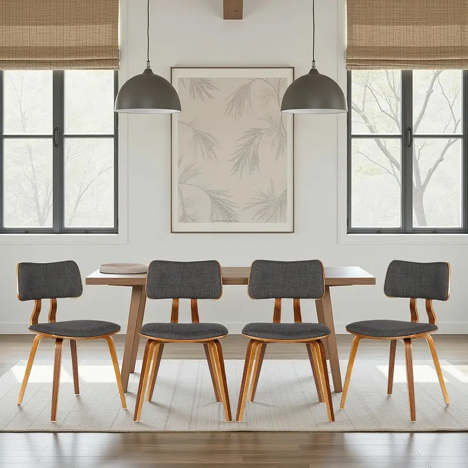 Armen Living Jaguar Mid-Century Dining Chair in Walnut Wood and Charcoal Fabric - Set of 4