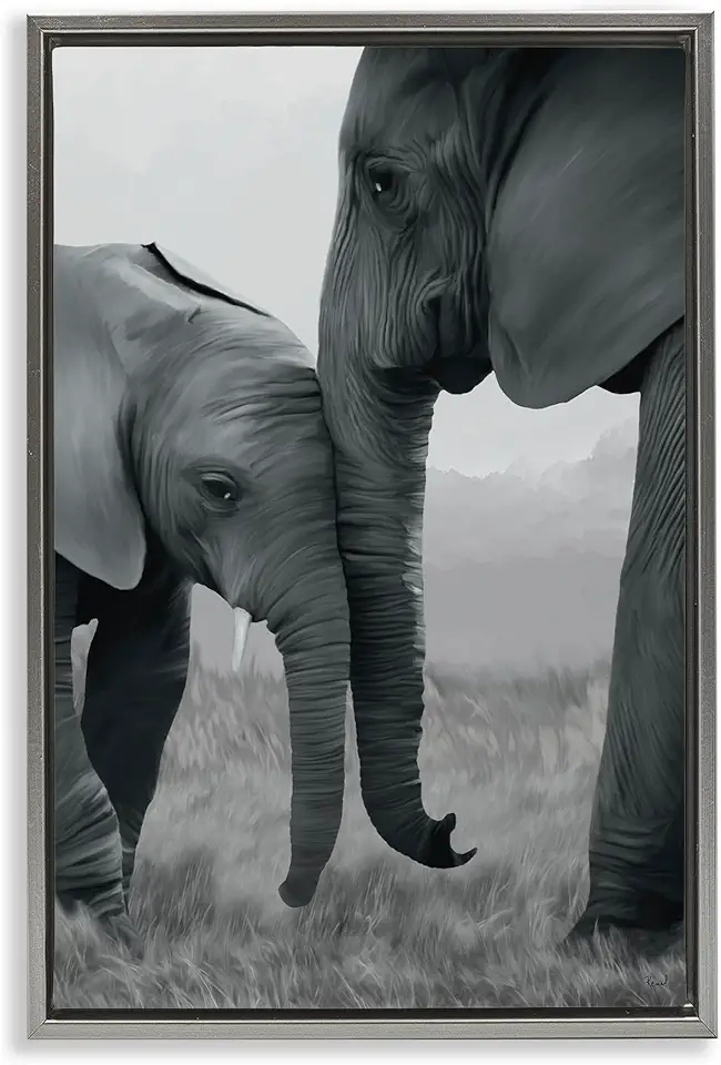 Stupell Industries Mother and Baby Elephant Gray Framed Floater Canvas Wall Art Design by Renel Peters, 17 x 25