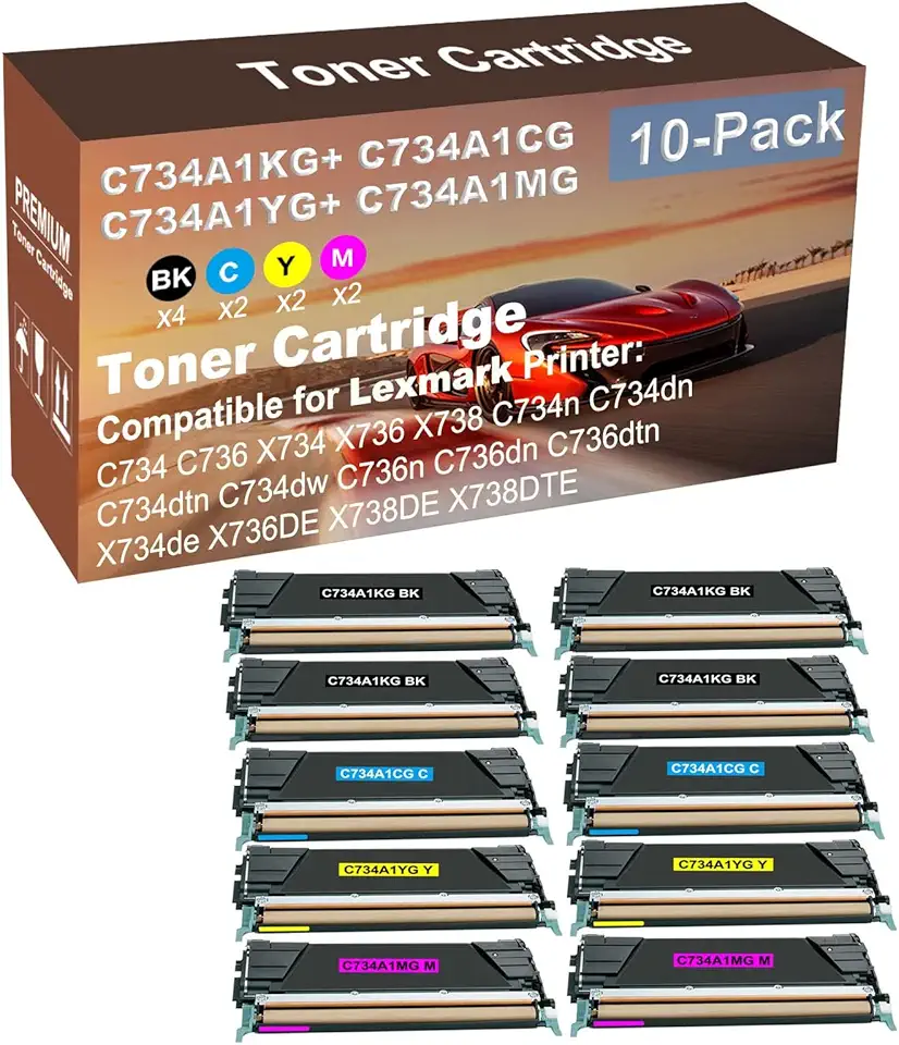10-Pack (4BK+2C+2Y+2M) Compatible C734dn, C734dtn, C734dw, C736n, C736dn Printer Toner Cartridge High Capacity Replacement for C734A1KG+ C734A1CG+ C734A1YG+ C734A1MG Toner Cartridge