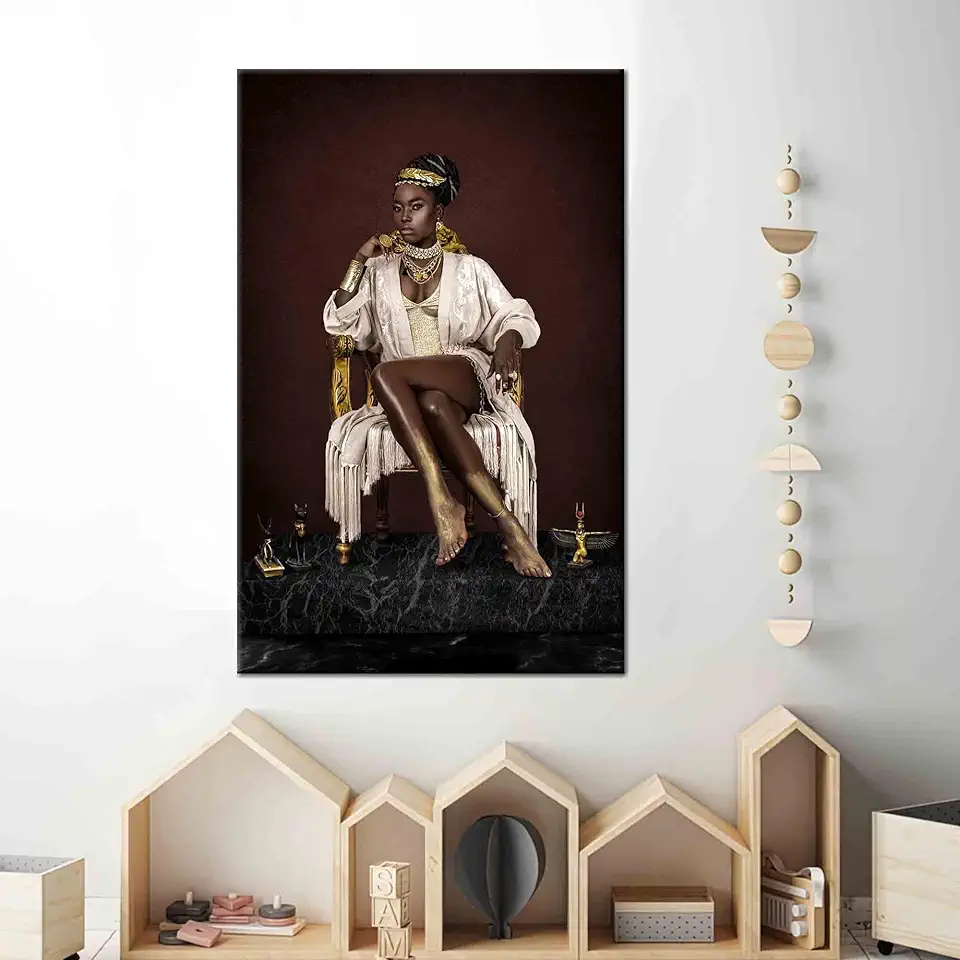 Abstract Canvas Art Featuring A Black Queen On Her Throne With Shimmering Luxury Details For Modern Home Decor - 1PC - 100x235