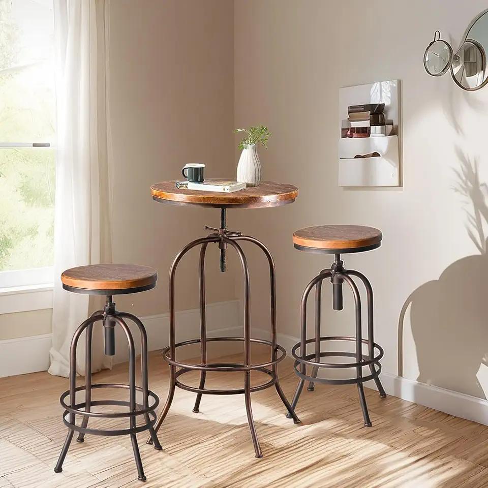 Industrial 3 Pieces Bar Table Set Vintage Pub Table and Chairs Rustic High Top Coffee Table with Stools Farmhouse Dining Table Set for Kitchen