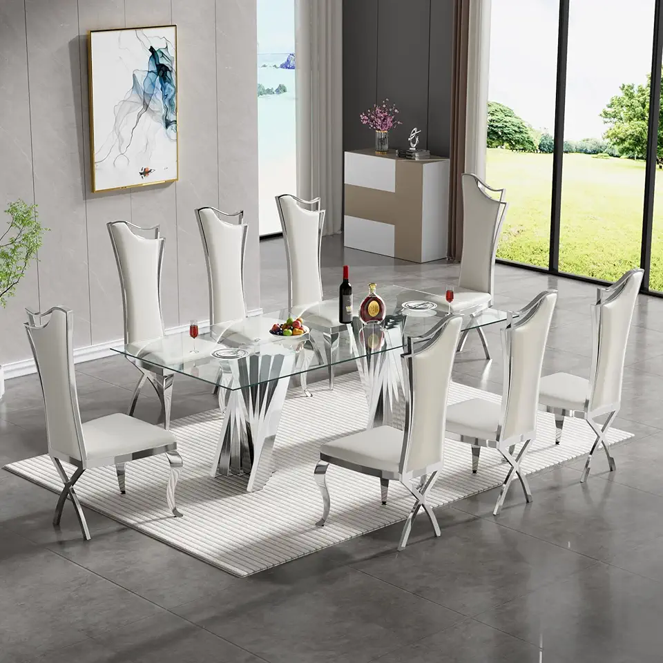 Pvillez Modern Dining Room Table Set for 8, 9 Piece Dining Table Set with 70