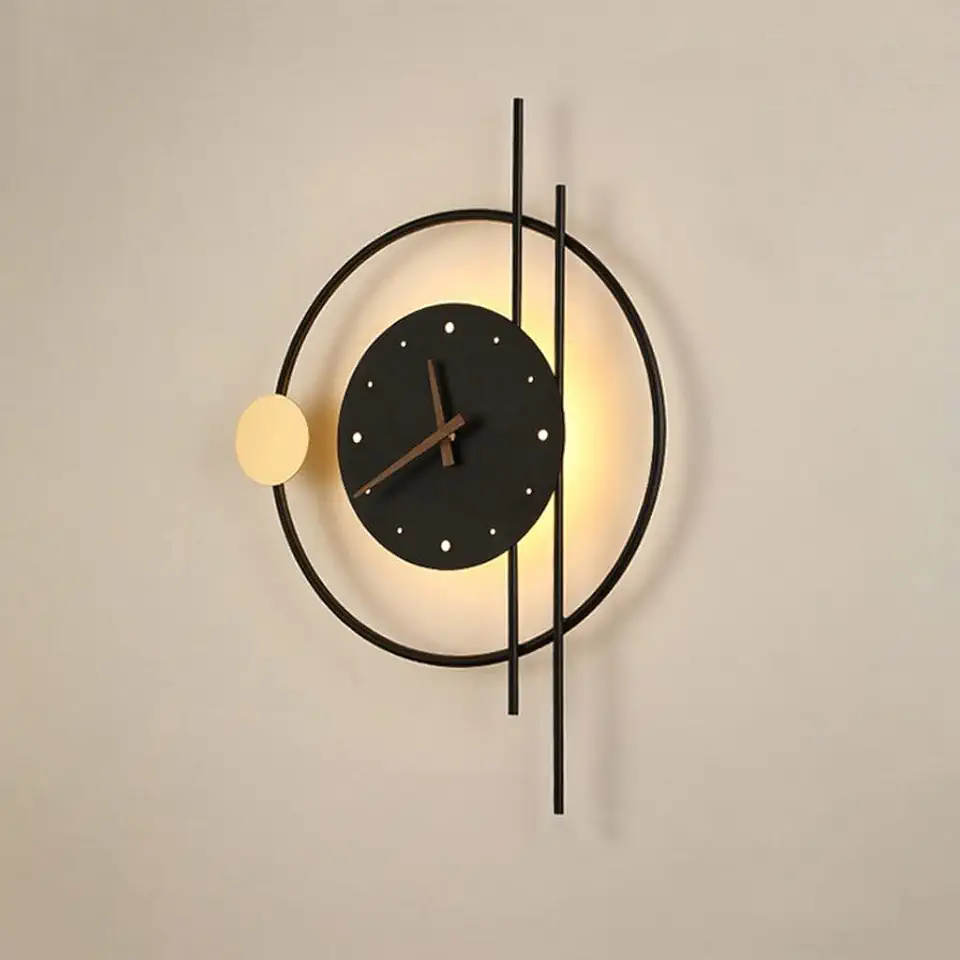 Wall Lamps,Nordic Led Wall Lamp Art Clock Design Wall Light Creative Aisle Bedroom Living Room Background Wall Decora Wall Sconce Lighting/Black