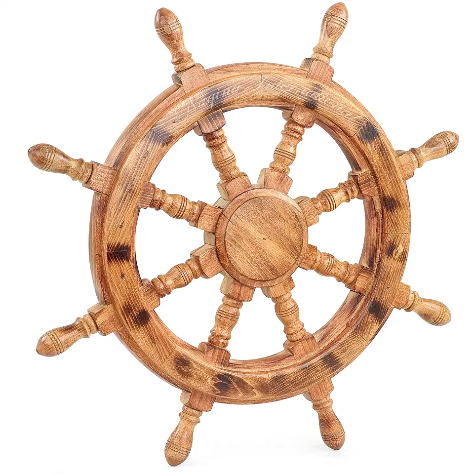 Nautical Wooden Ship Wheel Handcrafted Heavy Wall Decor Accents & Sculptures | Rustic Primitive Antique Finish | Wall Hanging Ideas | Maritime Captain's Ocean Themed Gifts (Ochre) (72 Inches)