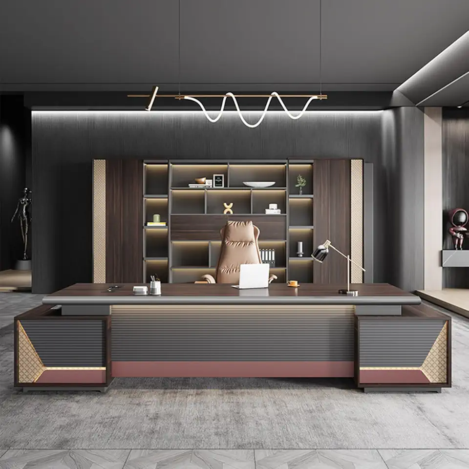 L-Shaped Wood Modern Business Black Luxury Computer Desk Executive Office Desk with Lateral Cabinet Gaming Study Table Gaming Table Workstation