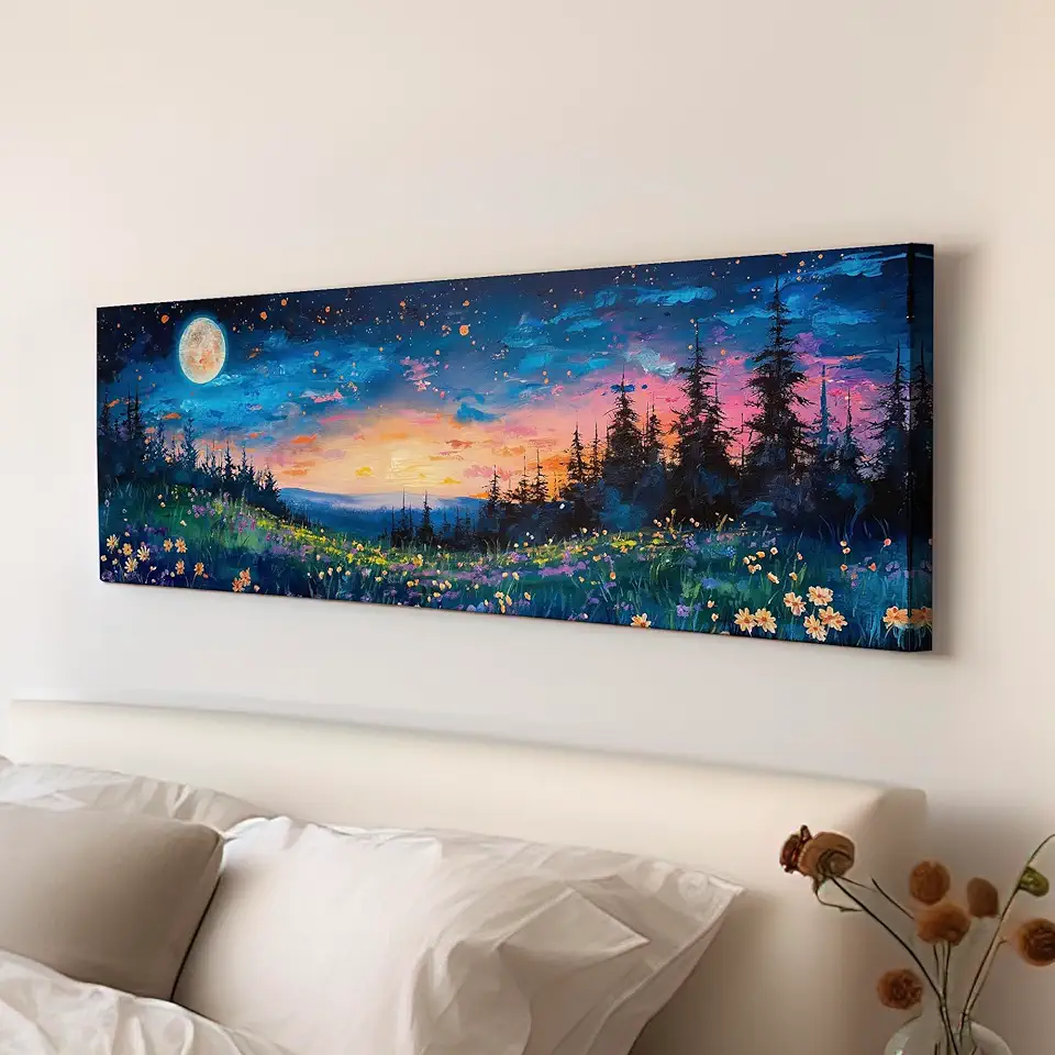 My Sweet Hideout Wildflower Field By The Forest Above Bed Wall Art Full Moon, Panoramic Nature Canvas Print, Mystical Long Horizontal Canvas Art 30x90
